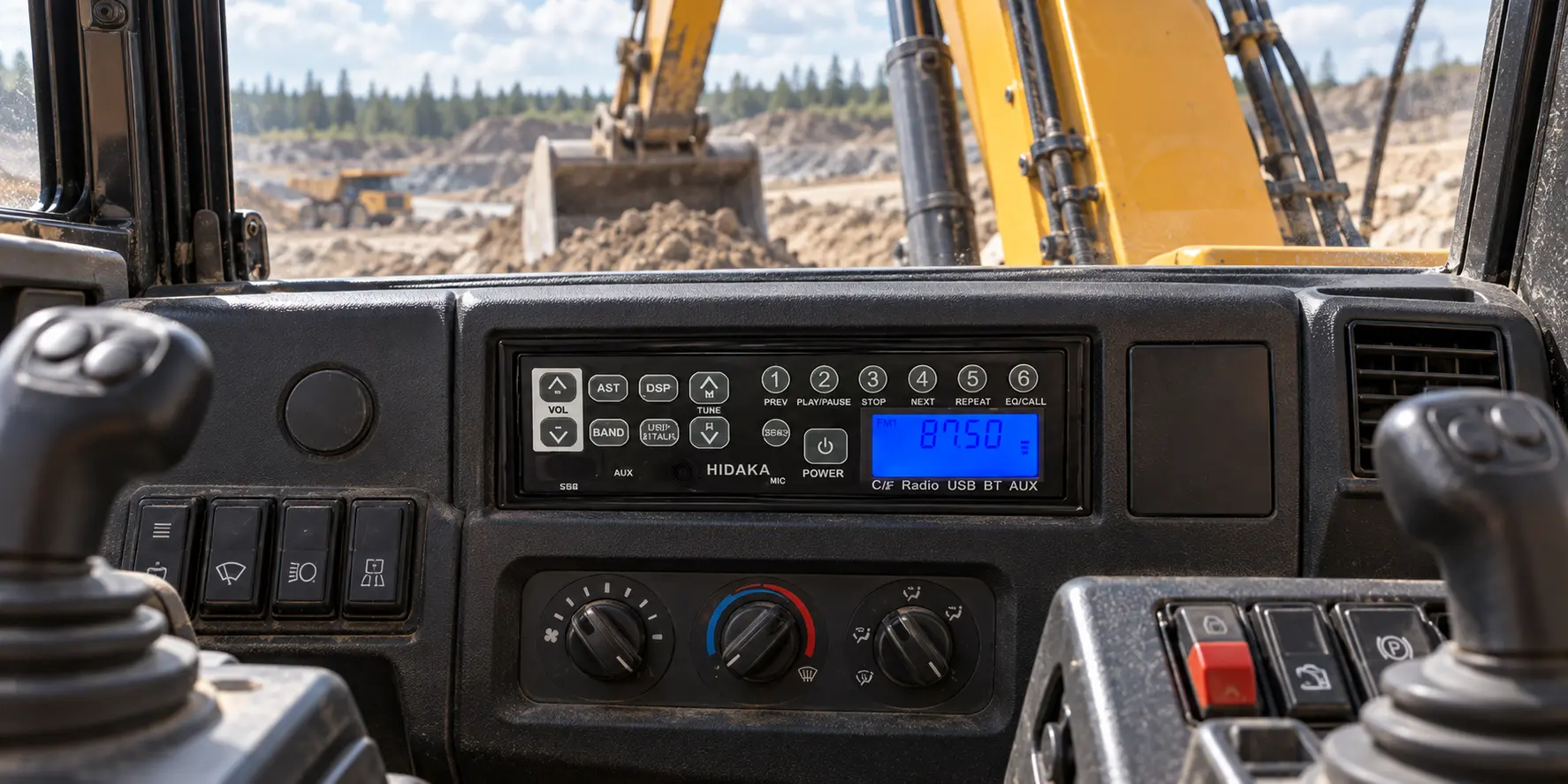 HD99BT 12/24-volt Bluetooth radio installed in a large excavator cab