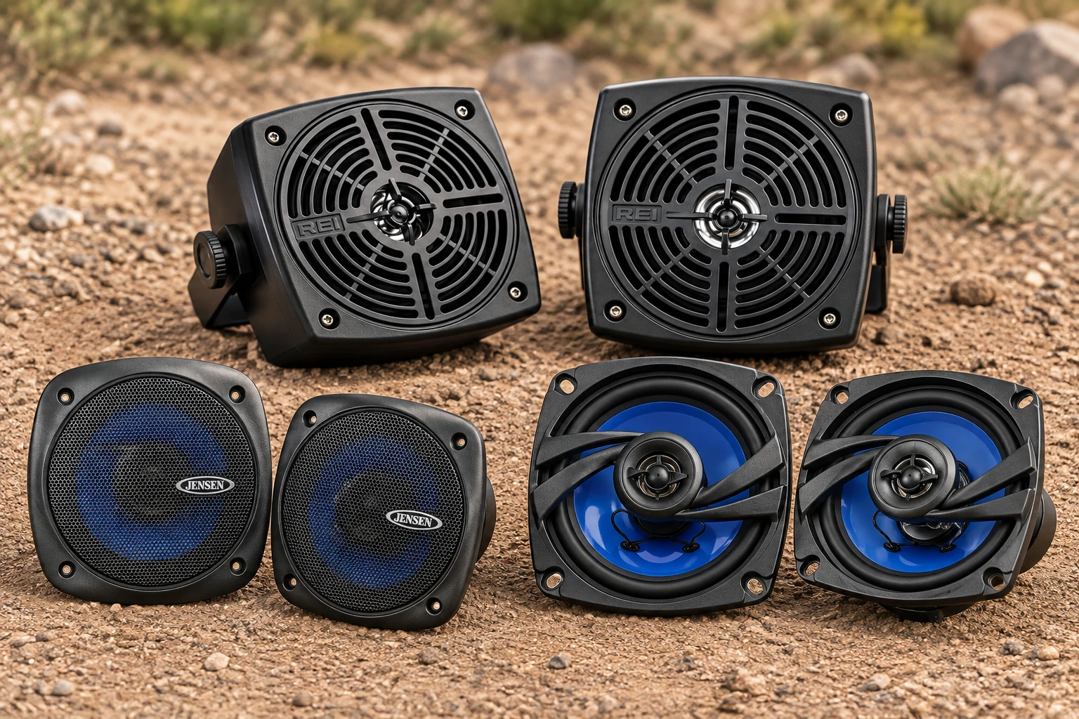Jensen JXHD40 and JXHD54 speakers with REI 230073 weatherproof speakers arranged on dirt