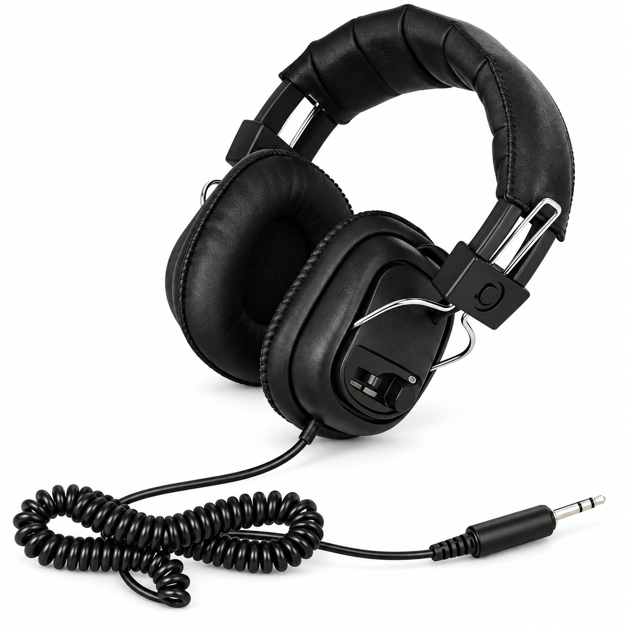 480042L heavy-duty wired headphones with padded ear cups, adjustable headband, coiled cable and 3.5 mm audio plug.