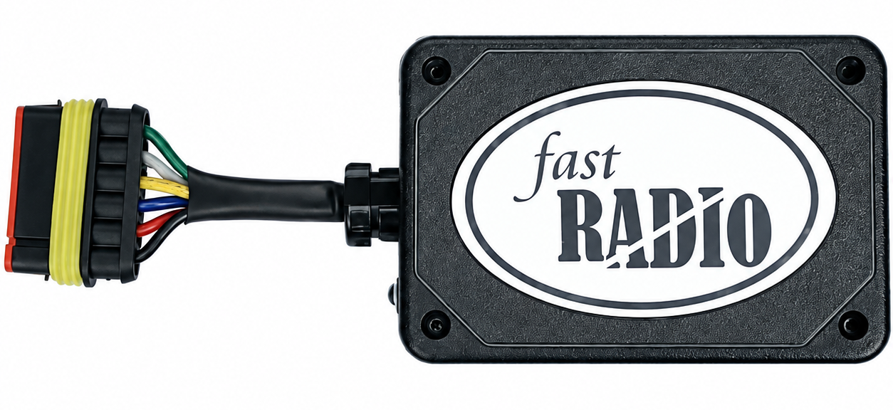 fastRADIO Bluetooth audio module with an attached wiring connector and colored wires.