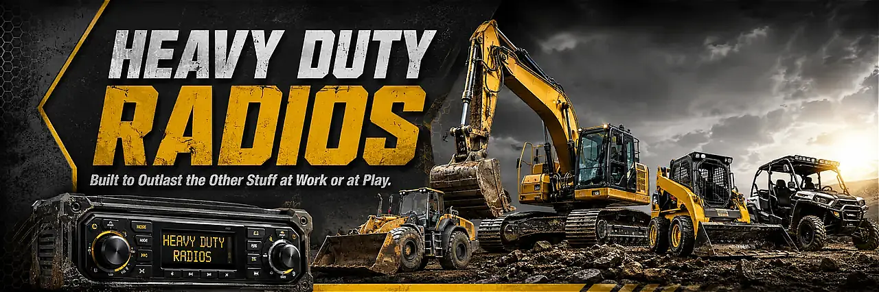 Shop heavy duty radios, replacement stereos, wiring harnesses and audio solutions for tractors, farm equipment, construction equipment and other heavy-duty vehicles.