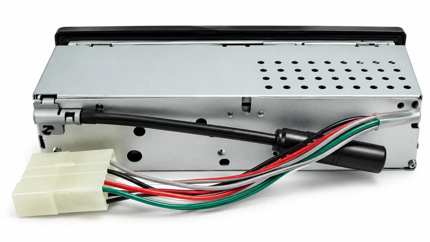 Rear view of HD99BT 12/24-volt radio with wiring harness and antenna connection