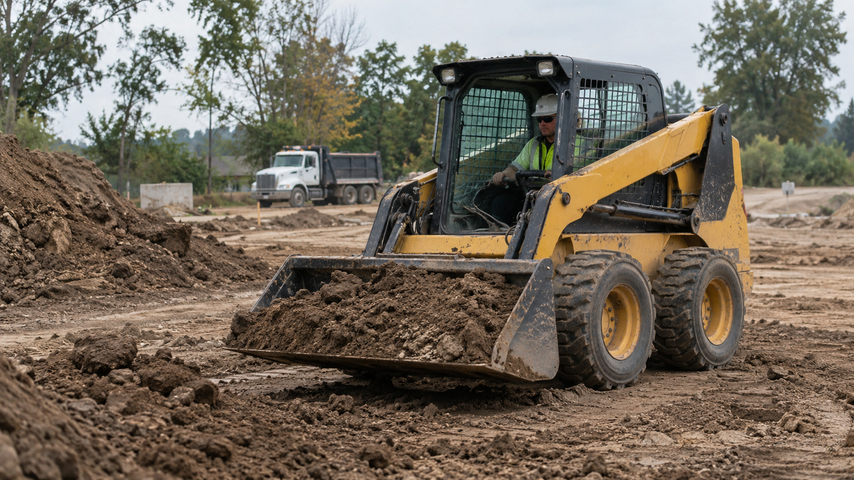 Skid steer loader moving dirt at a construction site