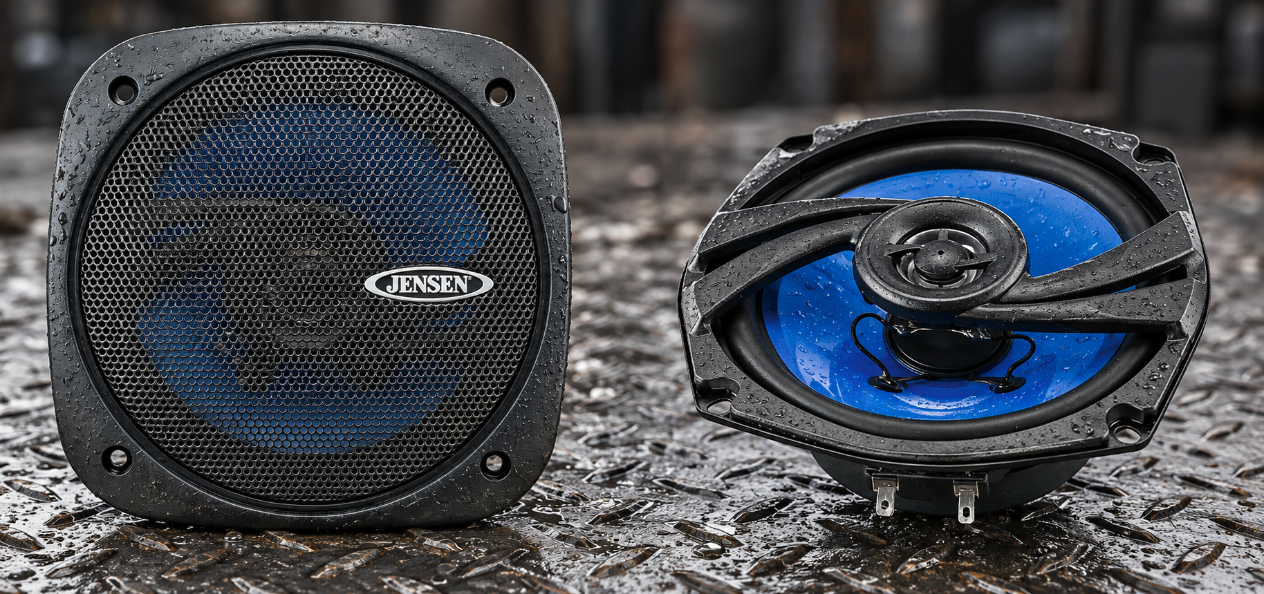 Jensen JXHD54 heavy-duty speaker pair displayed on wet industrial steel