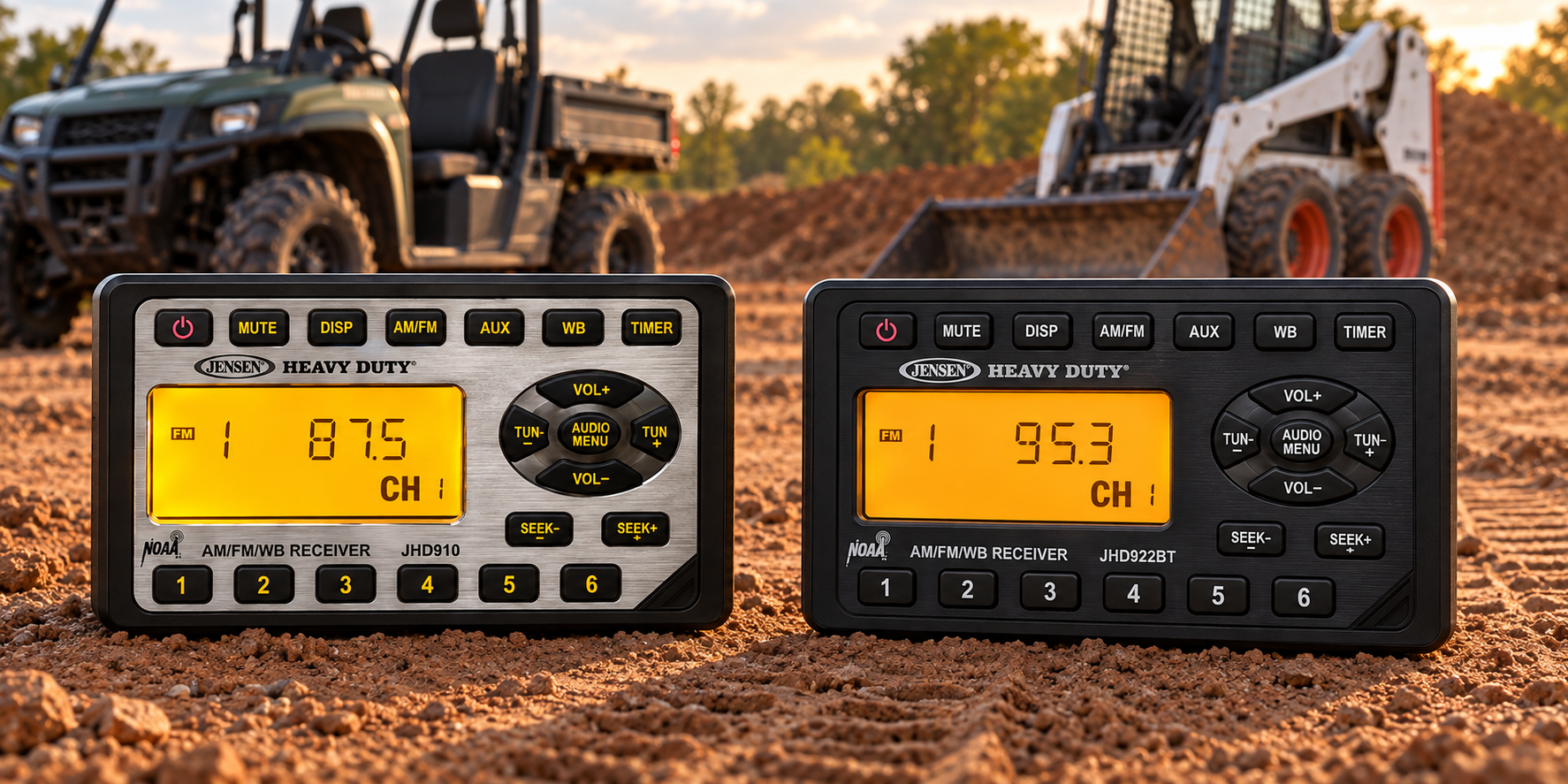 Discontinued silver-face Jensen JHD910 and current black-face JHD922BT surface-mount radios shown at a rugged ATV, RTV and skid-steer worksite.